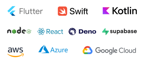Flutter, Swift, Kotlin, NodeJS, React, Deno, Supabase, AWS, Azure, Google Cloud