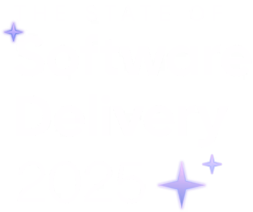 Text reading 'The State of Software Delivery 2025' with decorative purple star shapes.