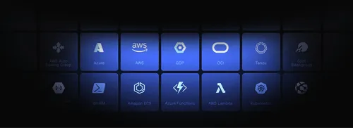 Grid of cloud service and technology logos including Azure, AWS, GCP, OCI, Tanzu, Amazon ECS, Azure Functions, AWS Lambda, and Kubernetes.