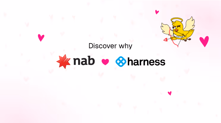 Text 'Discover why' above NAB and Harness logos separated by a heart icon, with a cupid chick aiming an arrow in the top right corner and pink hearts scattered on a pale pink background.