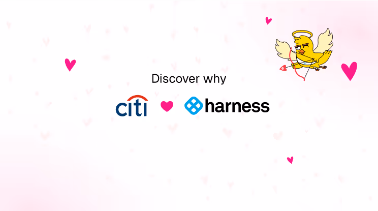 Text 'Discover why' between Citi and Harness logos with pink hearts and a cartoon yellow cupid holding a bow and arrow.