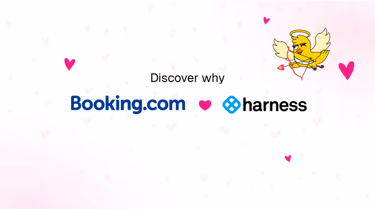 Text 'Discover why Booking.com ♥ harness' with a cartoon cupid bird aiming an arrow, surrounded by small pink hearts on a light pink background.