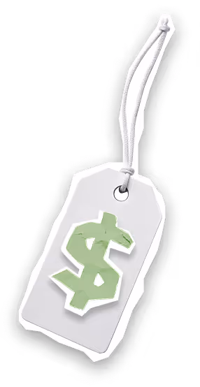 White price tag with a green dollar sign and a white string loop.