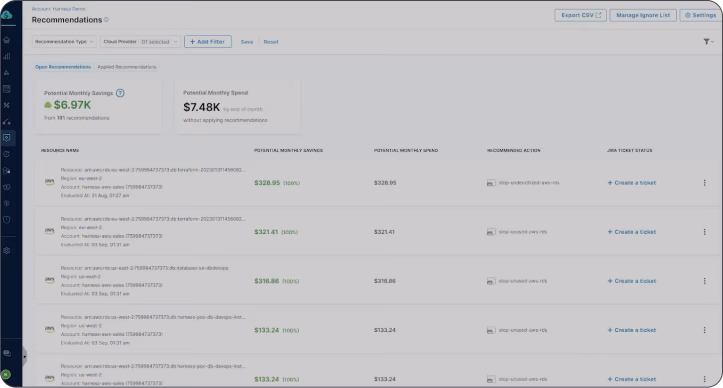 Cloud cost management dashboard showing potential monthly savings of $6.97K and potential spend of $7.48K with detailed recommendations for AWS RDS instances including savings, spend, and recommended stop actions.