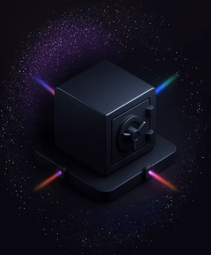 3D illustration of a black secure safe vault on a platform with four colorful beams of light extending from its sides against a dark starry background.