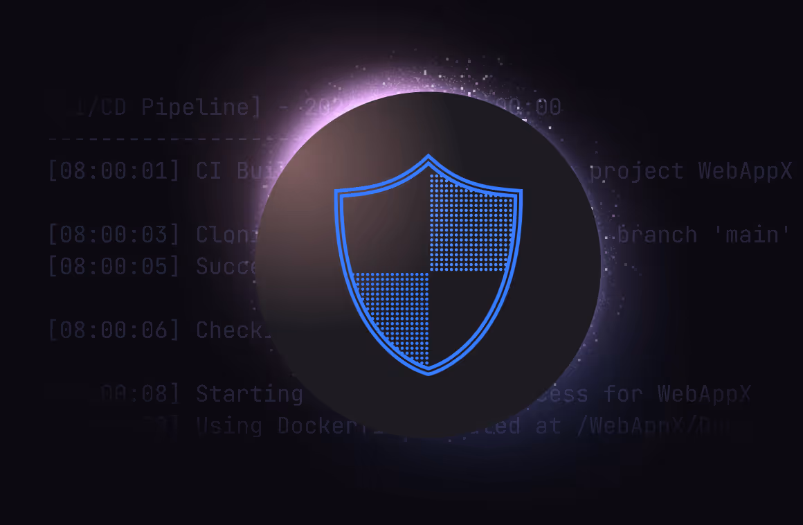 Blue shield icon representing security overlays a dark background with faint CI/CD pipeline command text.