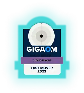 GigaOm Radar Report badge for Cloud FinOps labeled Fast Mover 2023 with a radar graphic.