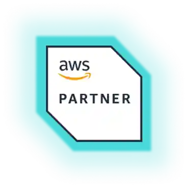 AWS Partner logo with black text and the Amazon smile arrow on a white geometric shape with a teal background.