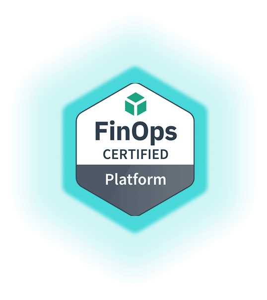 Hexagonal badge with a green cube icon and text reading 'FinOps Certified Platform' on a teal background.