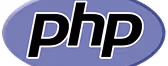 PHP programming language logo with black letters inside a purple oval.
