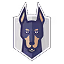Stylized cartoon dog face with blue and gray colors and pointed ears.