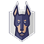 Stylized cartoon dog face with blue and gray colors and pointed ears.