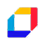 Colorful geometric shape composed of four connected angled segments in blue, yellow, red, and dark blue.