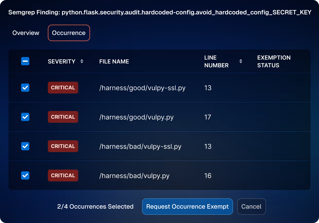 Security audit table showing critical severity findings for hardcoded secret keys in Python Flask files with file names, line numbers, and selection checkboxes.