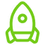 Green line icon of a rocket ship.
