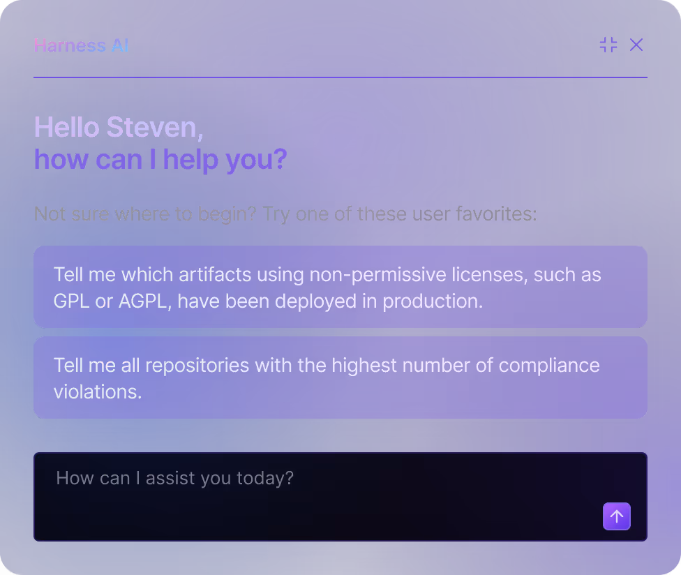 Chat interface titled Harness AI greeting Steven and offering help with user options about artifacts using non-permissive licenses in production and repositories with highest compliance violations.