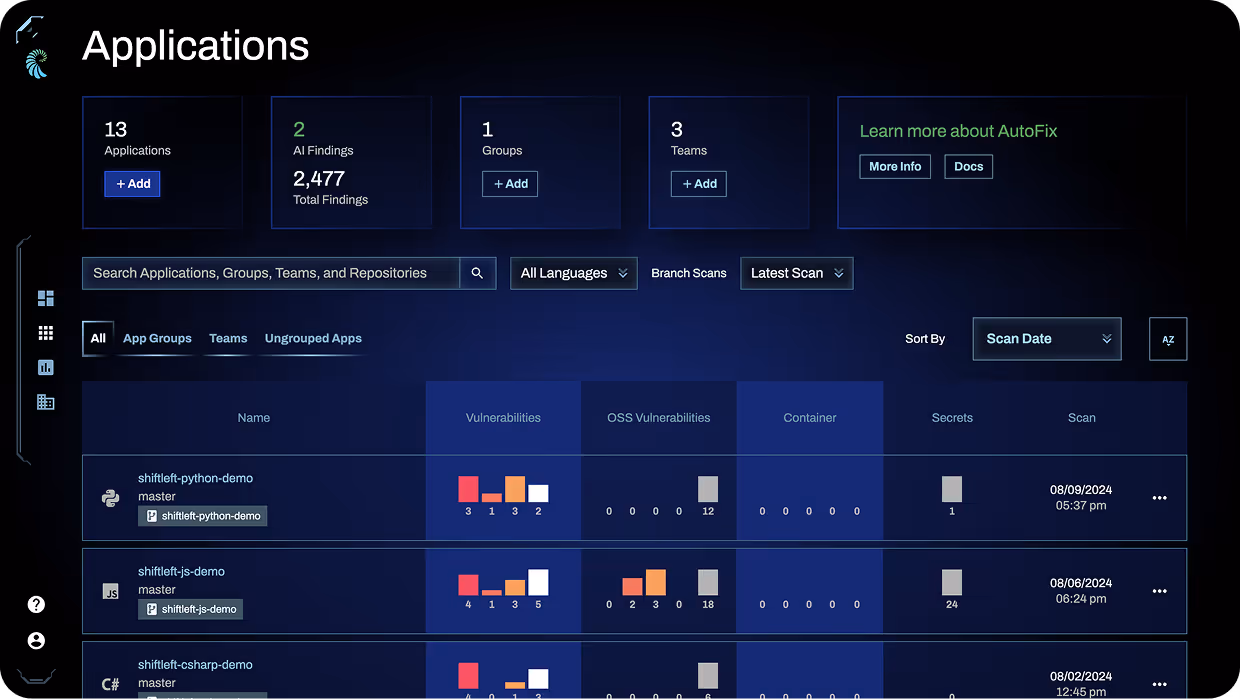 Dashboard interface showing an applications list with counts of AI findings, groups, teams, and vulnerabilities for each application.
