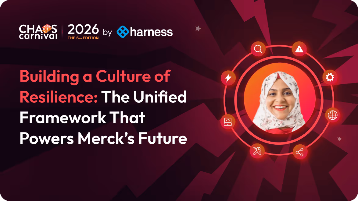 Banner for Chaos Carnival 2026 by Harness featuring a woman in a floral headscarf inside a circular frame with icons, and text about building a culture of resilience for Merck’s future.