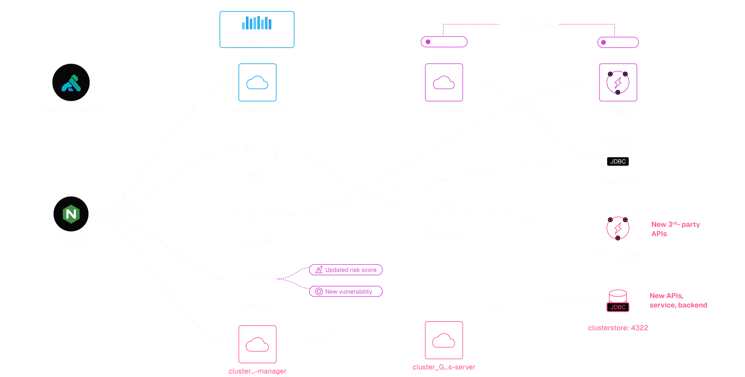 Diagram of an API runtime security architecture showing a gateway connected to multiple services including open-api-service, tags-api, userservice, auth-api, billing service, 3rd-party group, and cluster servers with annotations on sensitive data and new risks.