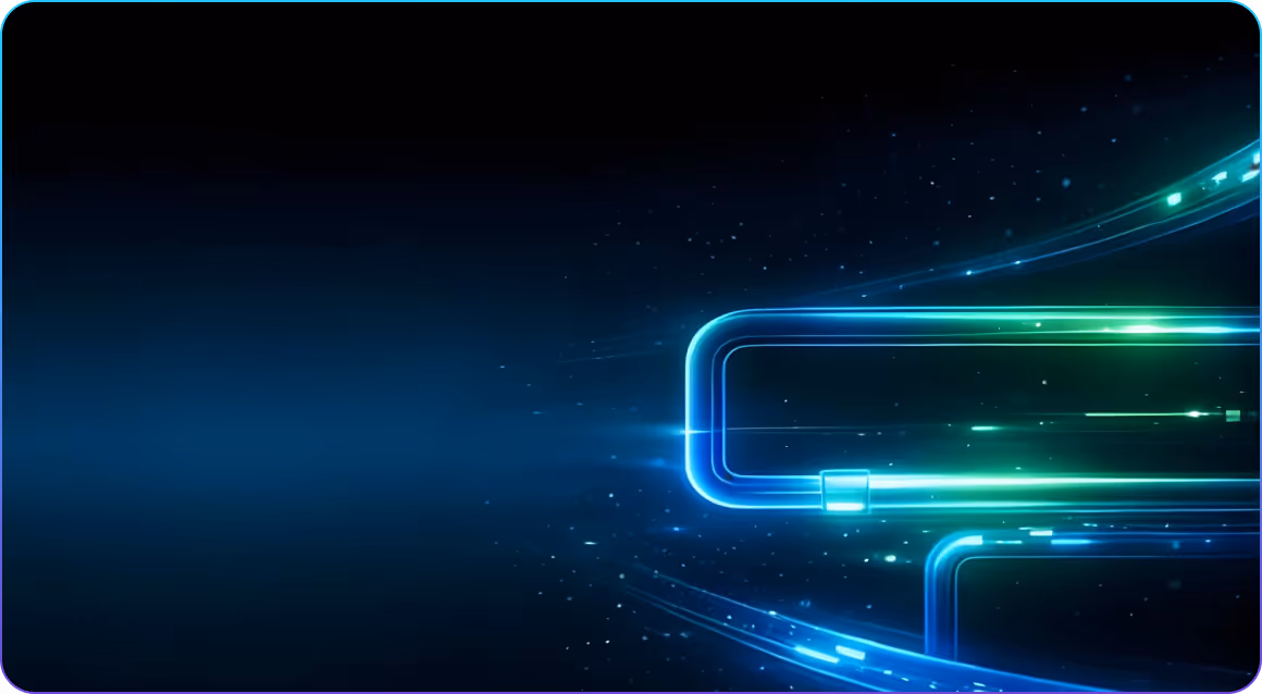 Abstract glowing blue and green light trails forming rectangular shapes on a dark background.