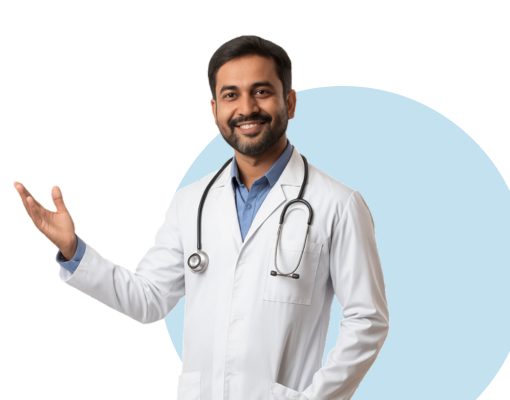Smiling male doctor in white coat with stethoscope around his neck gesturing with one hand.