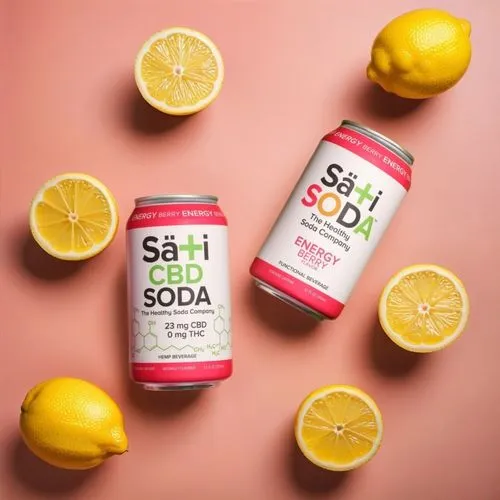 cbd soda on a pink backdrop with lemon slices