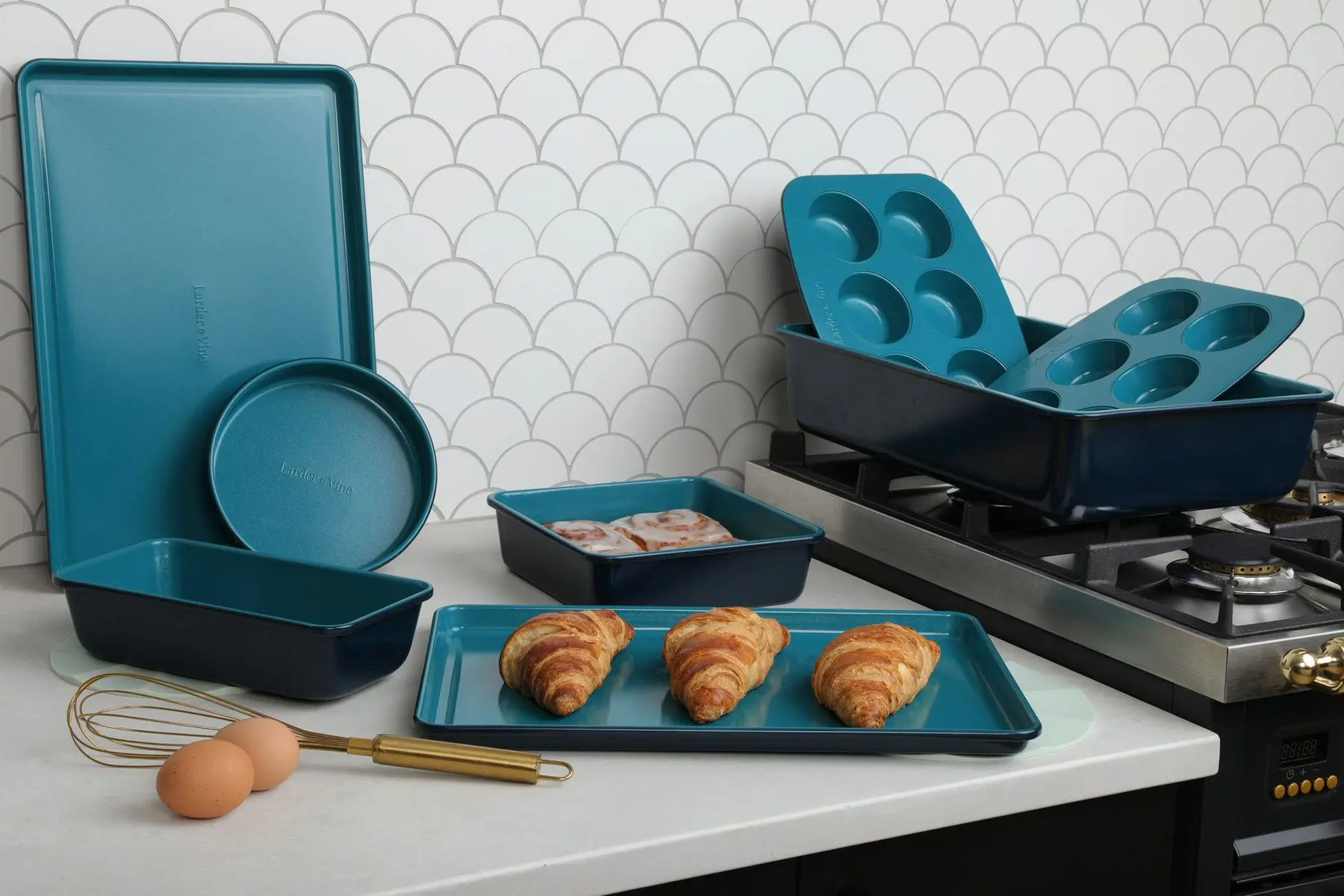 bakeware and croissants in kitchen