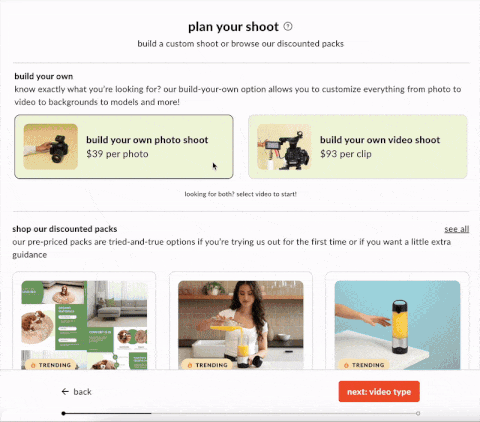 User interface for planning a custom photo or video shoot with options to build your own shoot or choose discounted packs, showing pricing and selections.