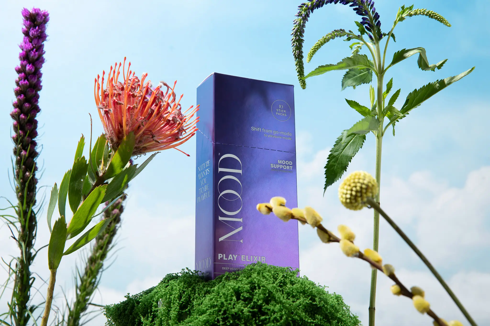 Purple MOOD Play Elixir box on green moss surrounded by colorful flowers against a blue sky.