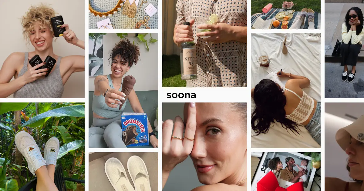 Collage of diverse lifestyle images including smiling people, jewelry, food, and outdoor scenes.