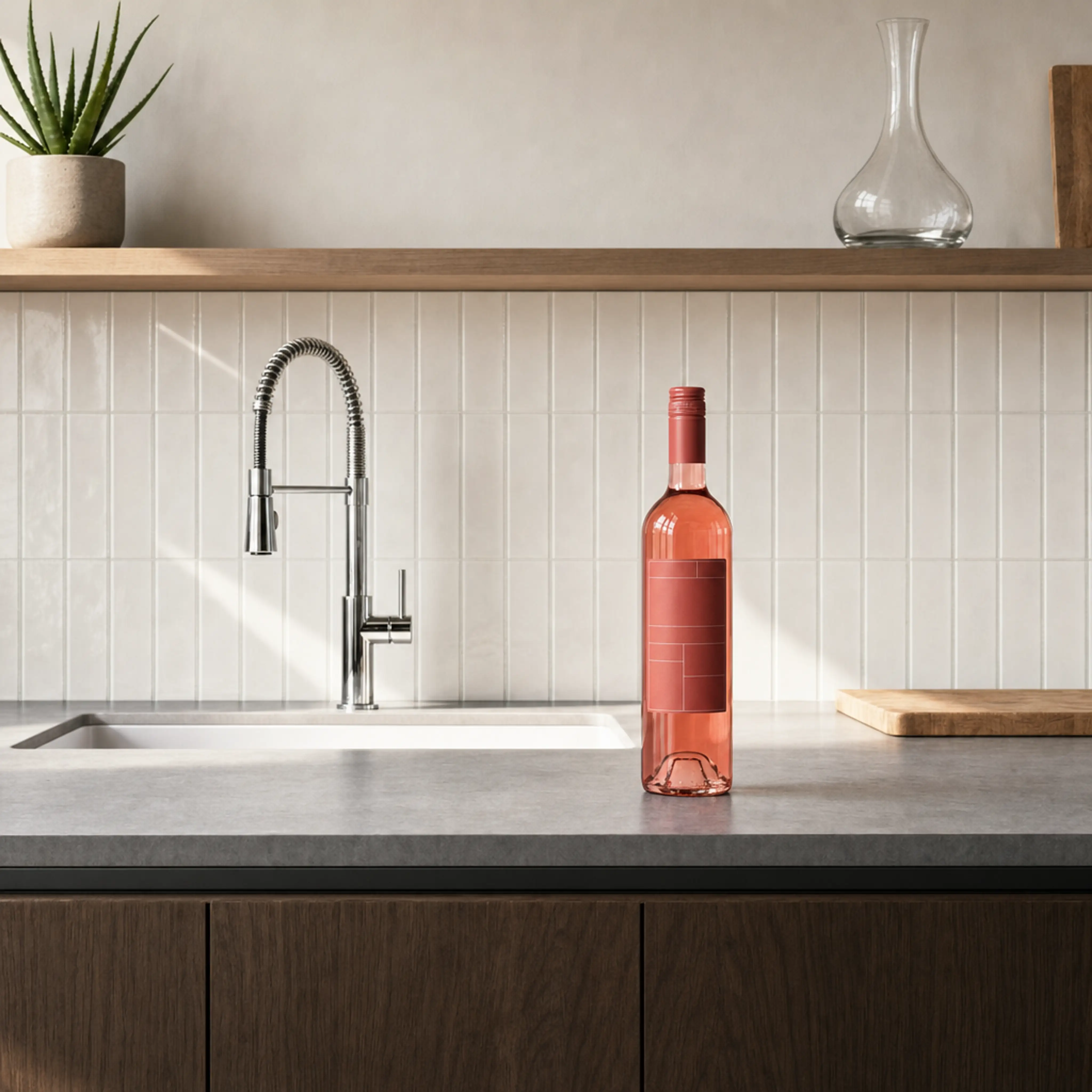 Bottle of rosé wine on kitchen counter next to a modern chrome faucet and white tiled backsplash.