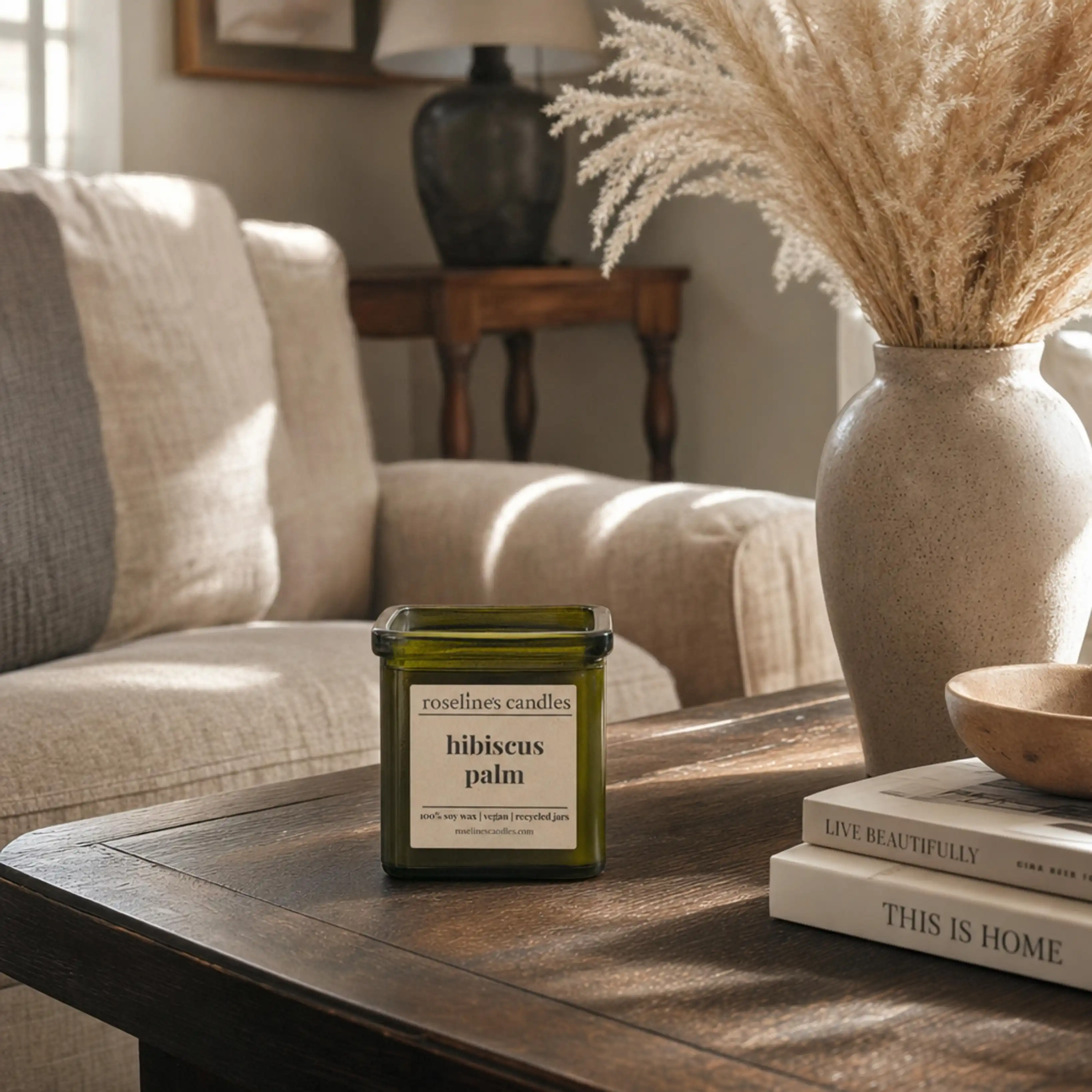 Green square candle labeled hibiscus palm on a wooden table near books, bowl, and dried plants.