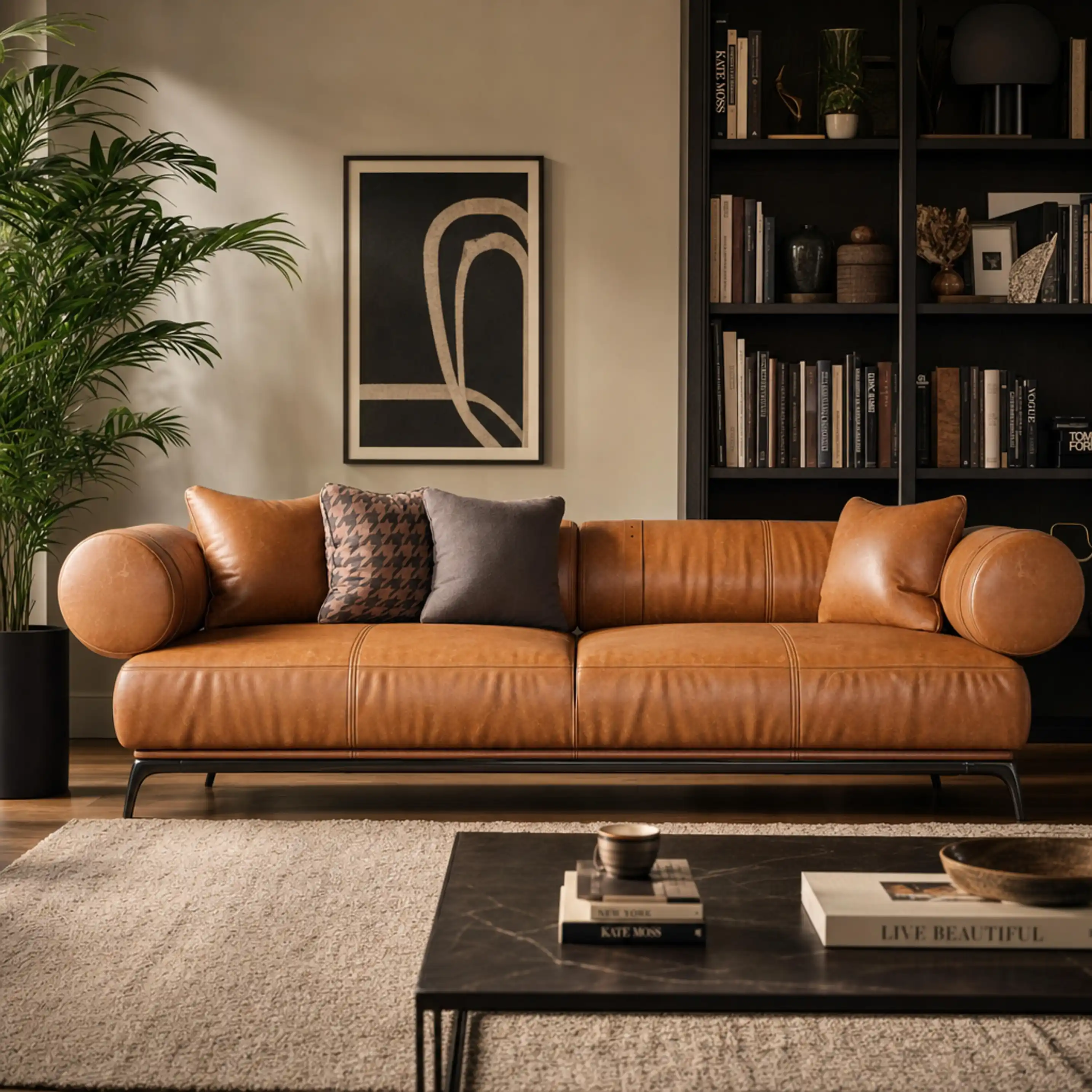 Modern tan leather sofa with pillows in living room, black bookshelf, abstract art, and plant.