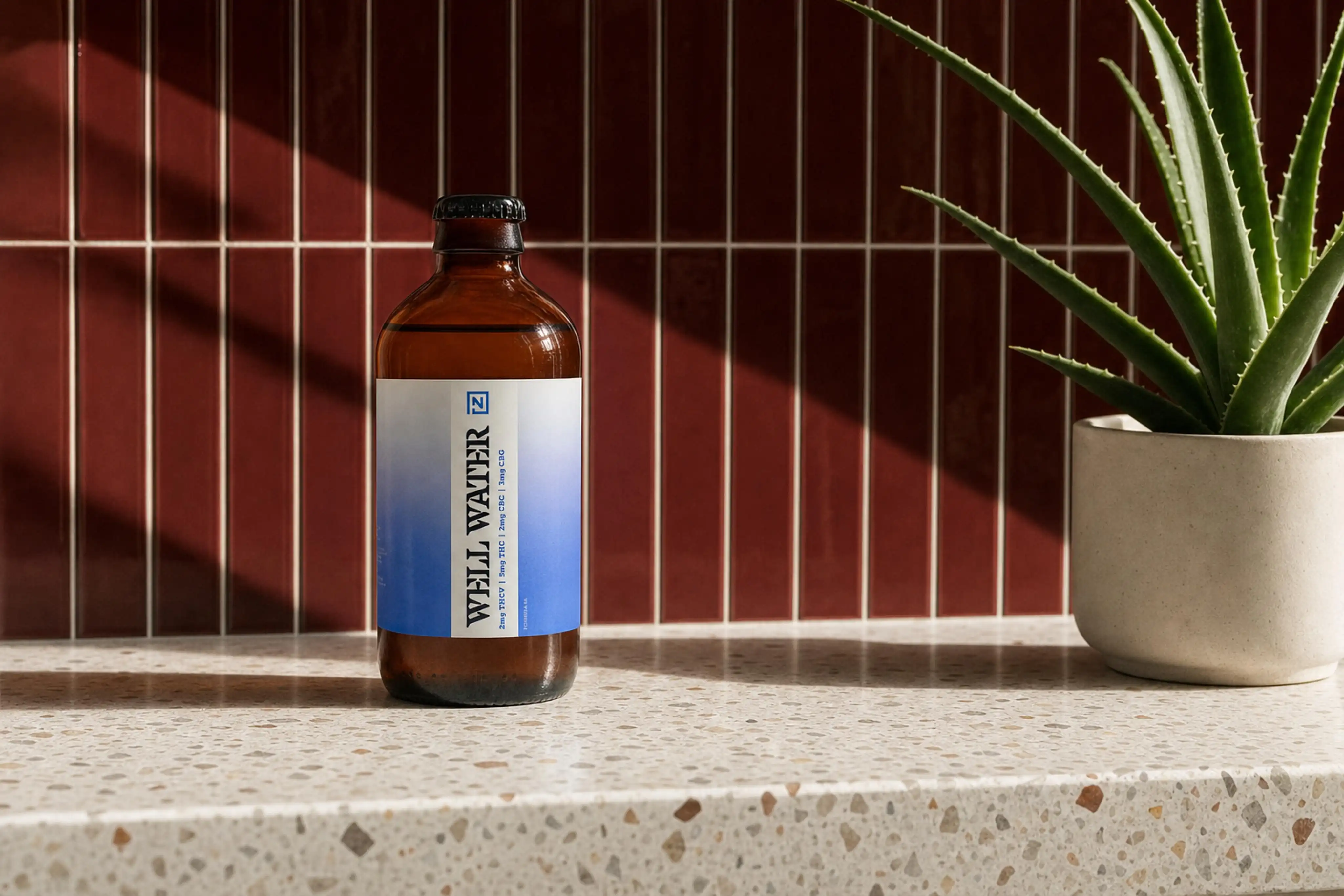 Amber bottle labeled Well Water on a speckled countertop with red tile wall and potted plant.