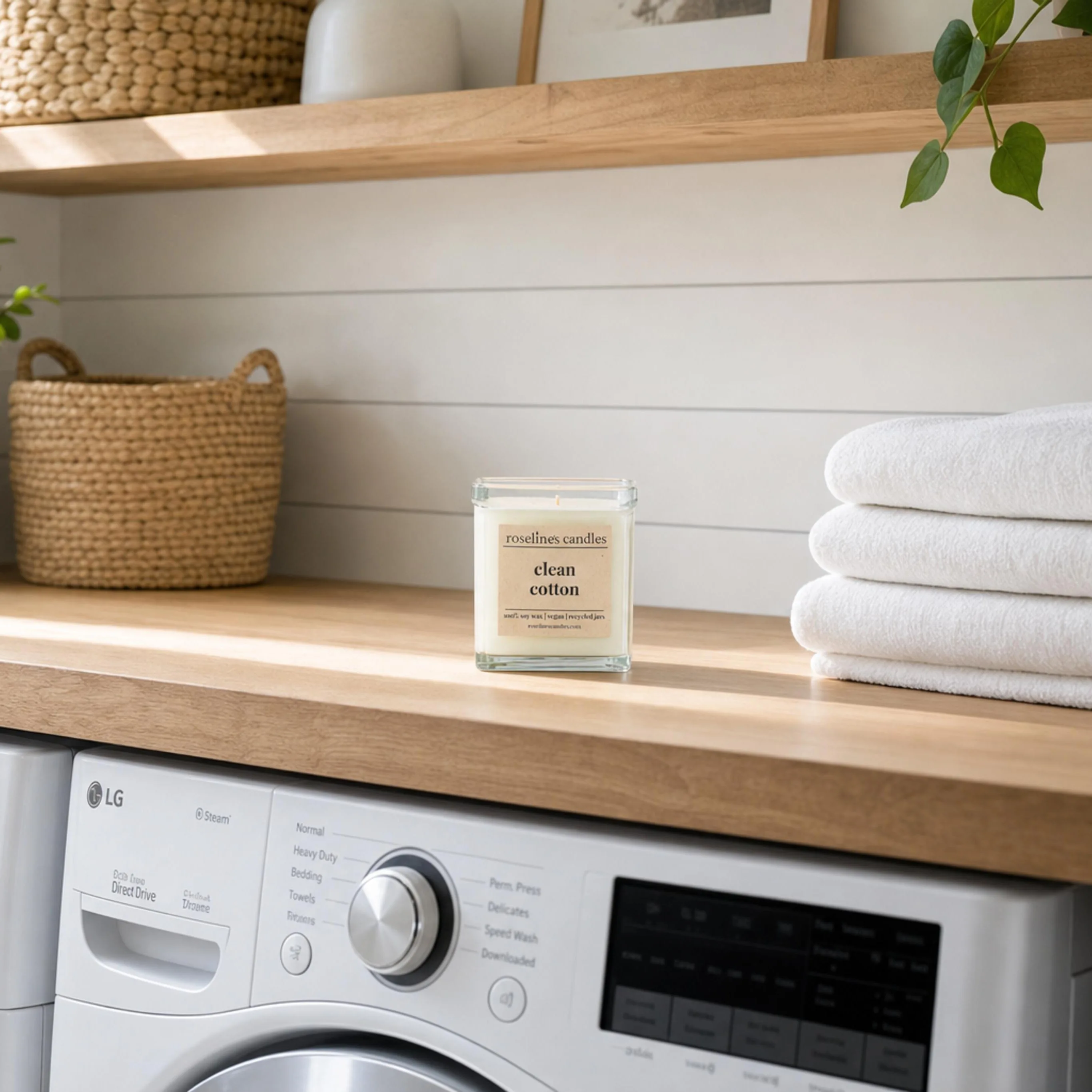 Laundry room shelf with a clean cotton candle, folded white towels, and woven basket above a washing machine.