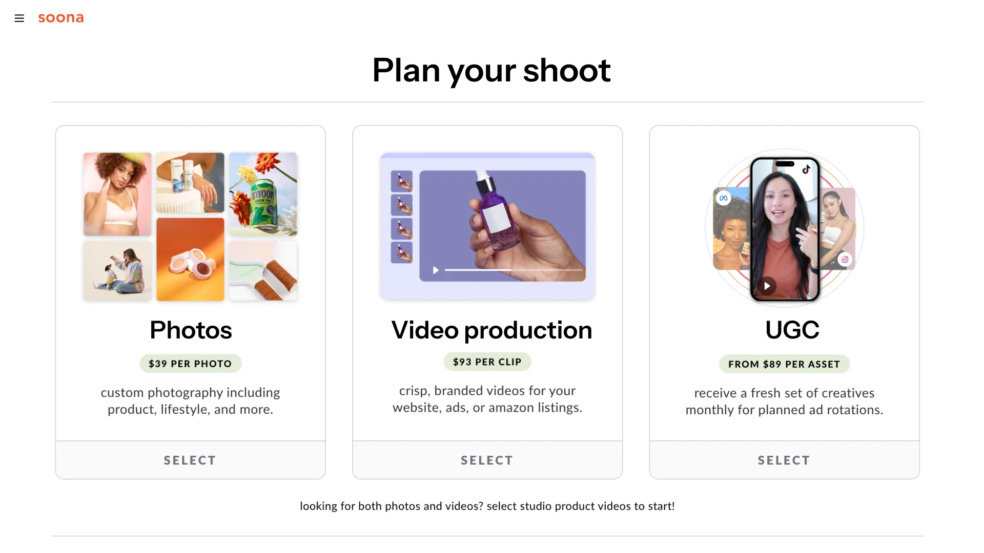 soona booking screen to plan a shoot: photos, video production, or UGC