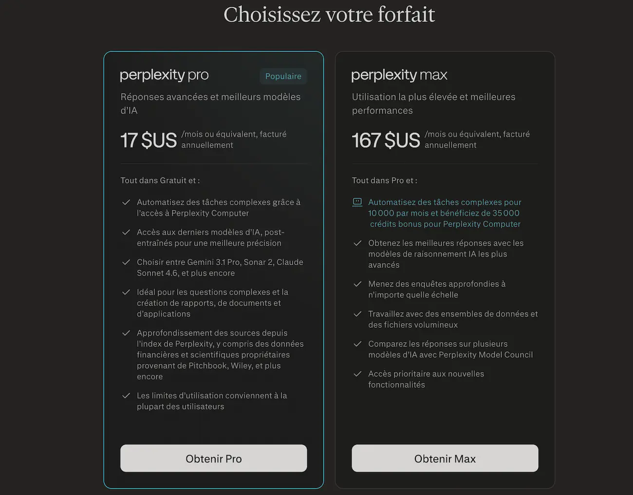 Plans d'abonnement personnels à Perplexity
