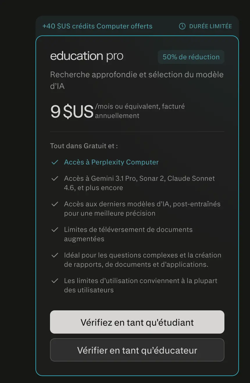 Perplexity Education pour profiter du plan Pro moins cher pour les étudiants et enseignants