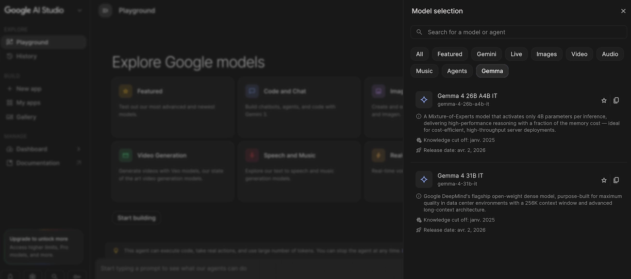 Essayer Gemma 4 depuis le Google AI Studio