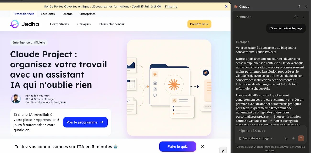 Utiliser Claude dans Chrome pour résumer des contenus web