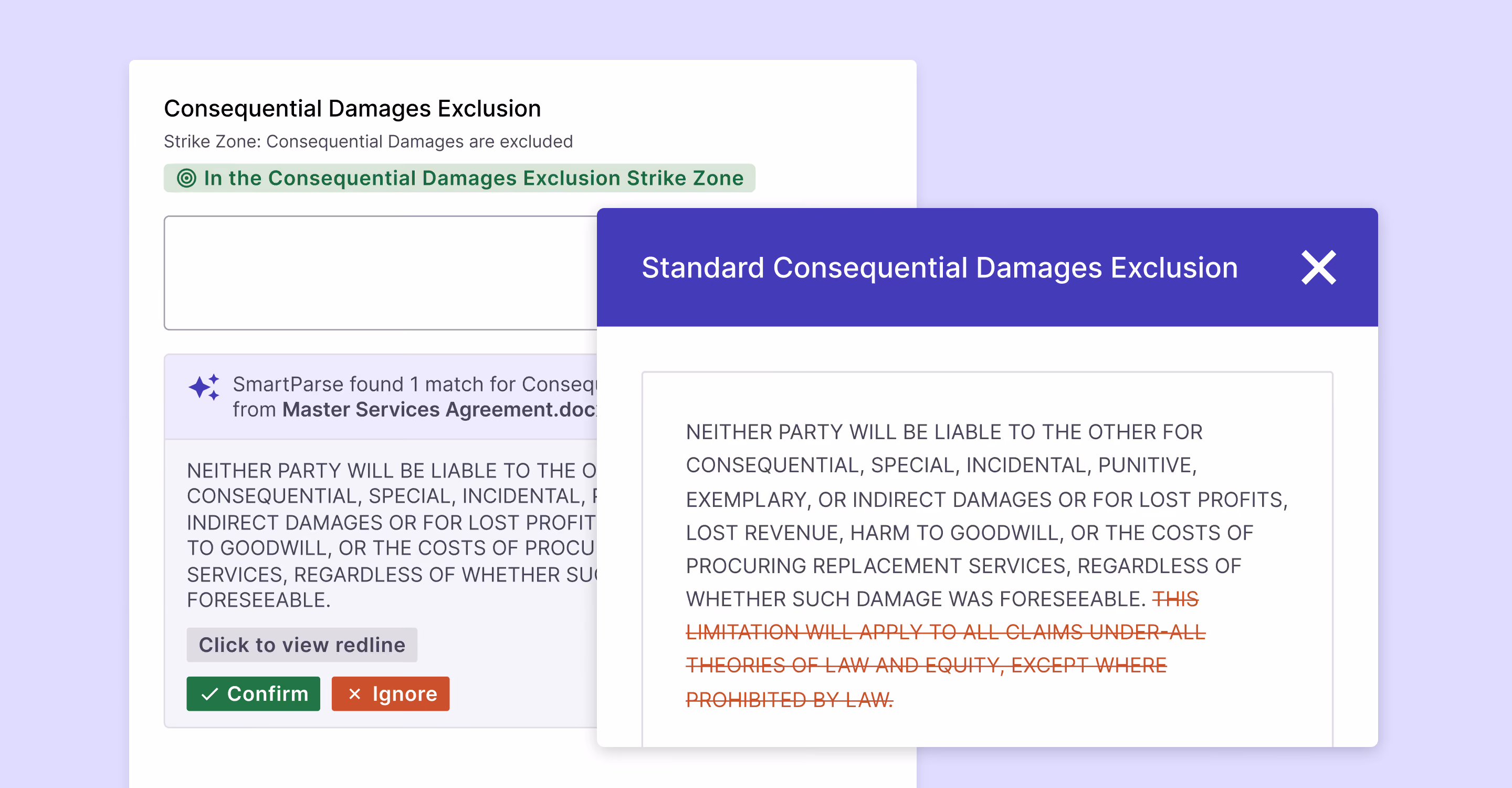 One-click redlines to see how the clause text deviates from the standard form