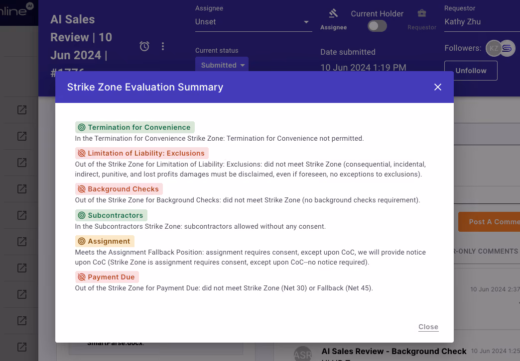 Sample Strike Zone Evaluation Summary in Streamline AI