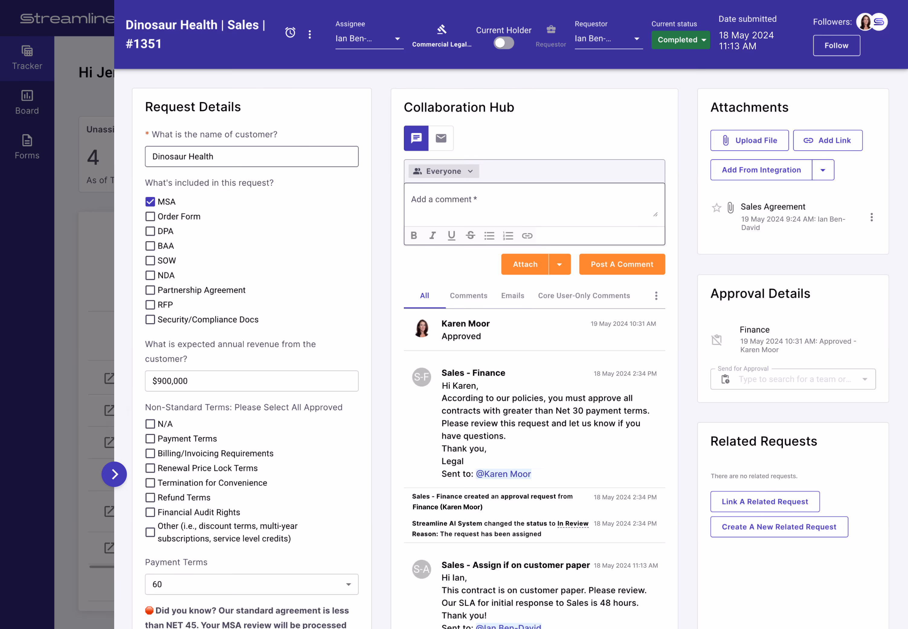 Streamline AI's central hub for legal request details, files, and attachments