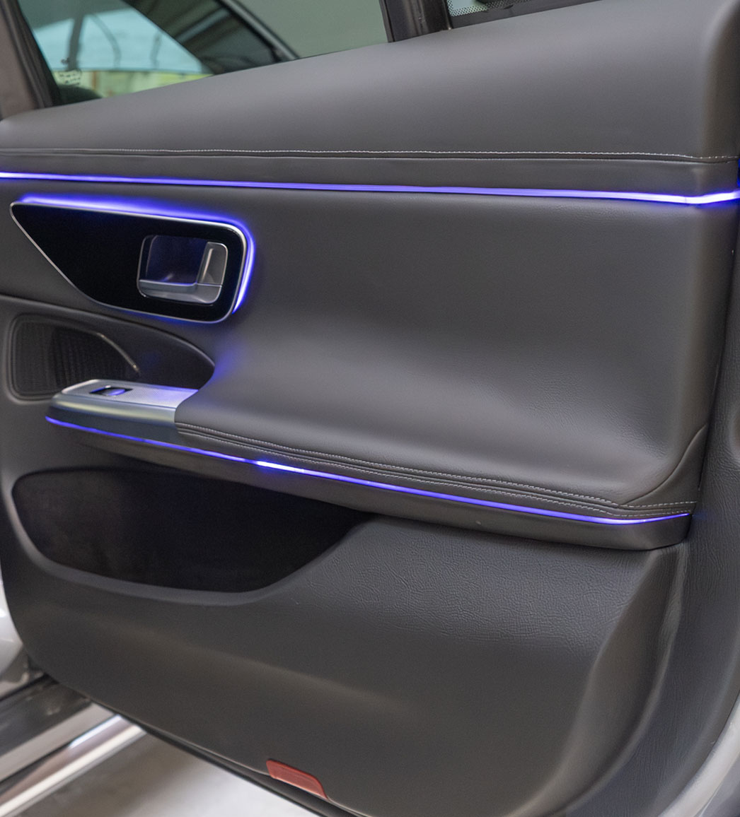 Mercedes Limousine interior in black leather with glass roof