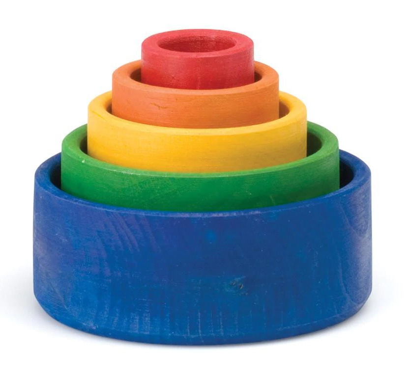 Rainbow colored stacking wood toy