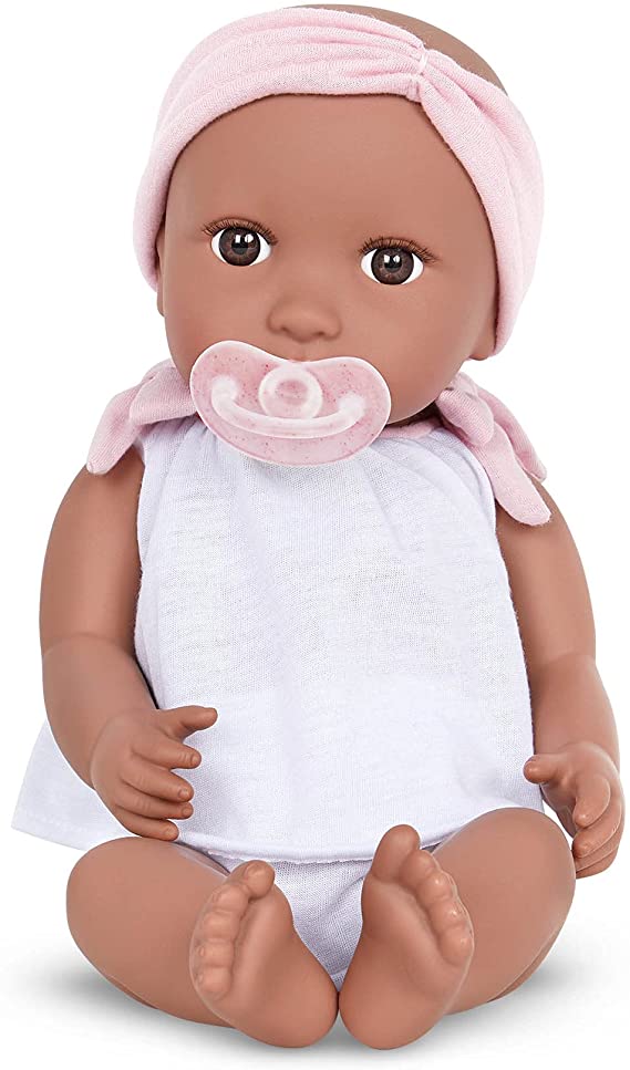 Battat BABI 14" newborn baby doll with pacifier for DIY hearing aid customization project for hard of hearing children