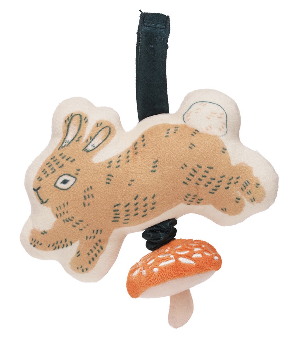 Stuffed animal rabbit and mushroom pull down music box toy