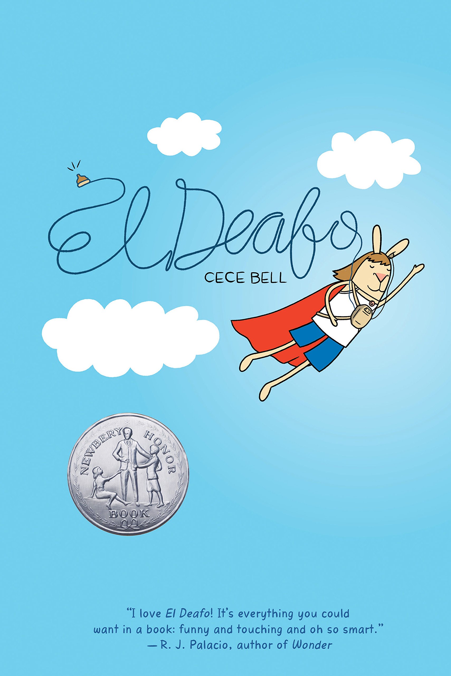 Book cover featuring a flying rabbit with a cape wearing hearing aids
