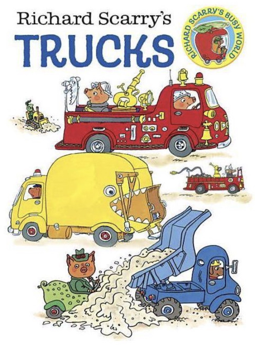 Front cover of children's book containing various truck drawings