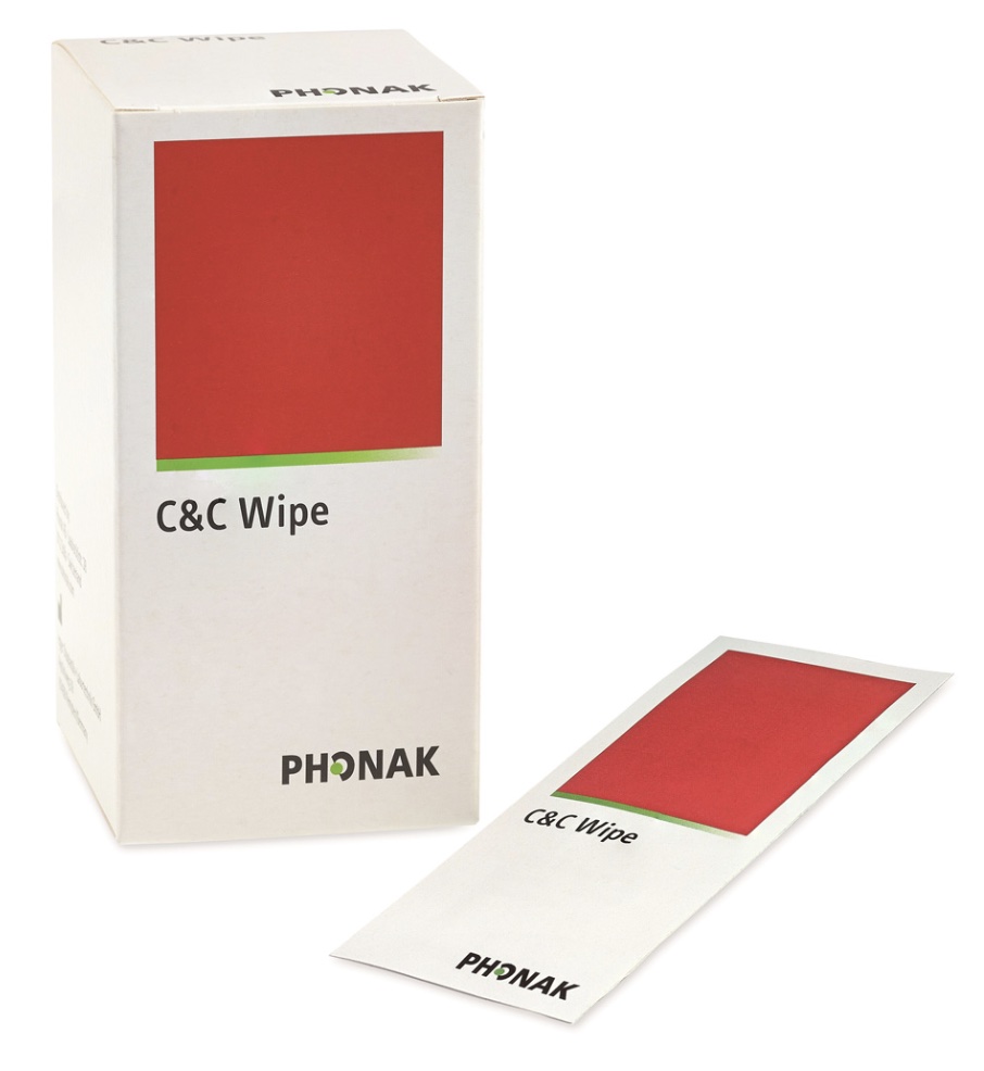 Package of hearing aid wipes next to a single hearing aid wipe